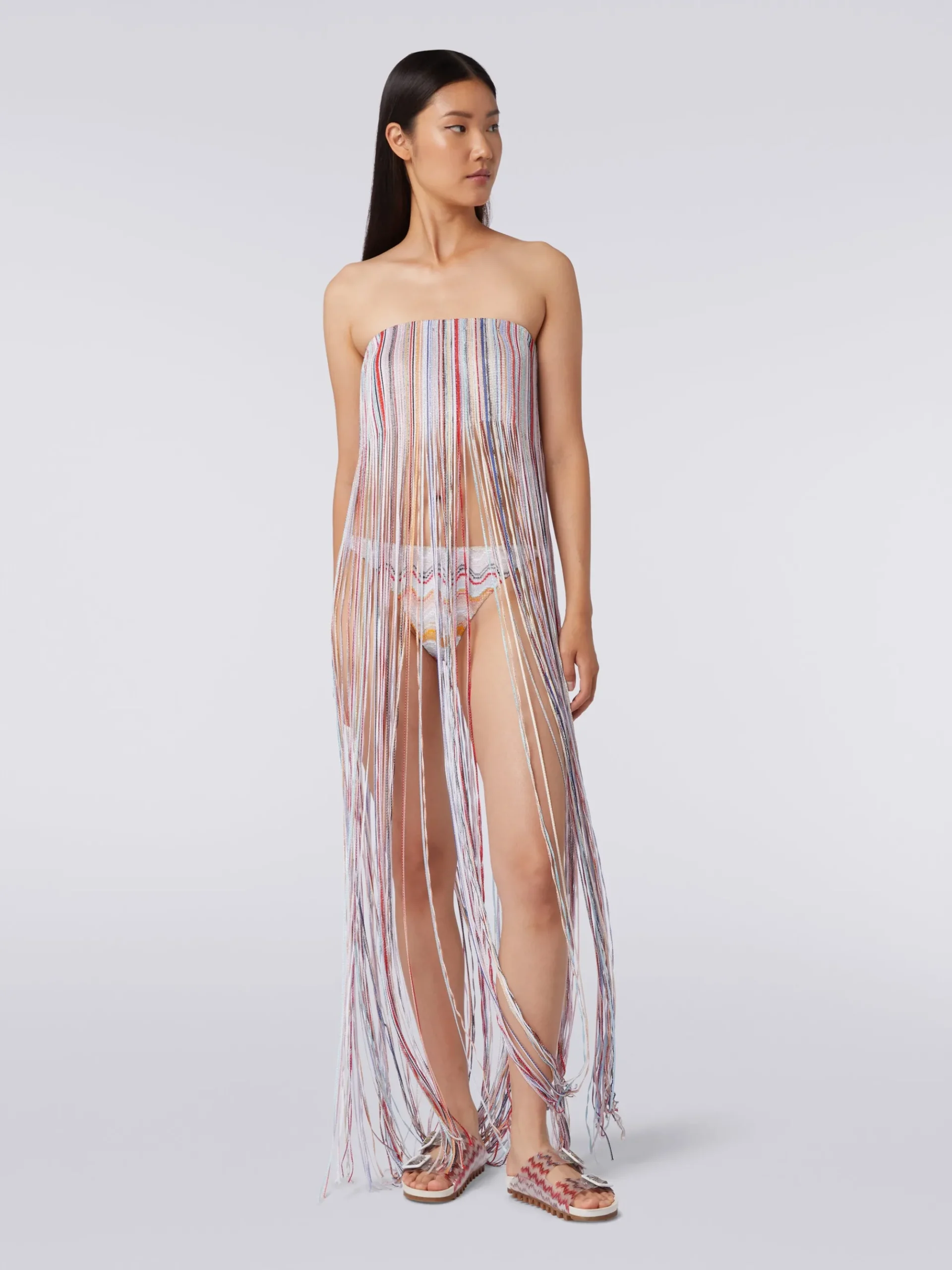 Abito copricostume a bustier con frange e lurex