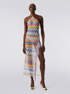 Abito copricostume lungo stampa zig zag con frange