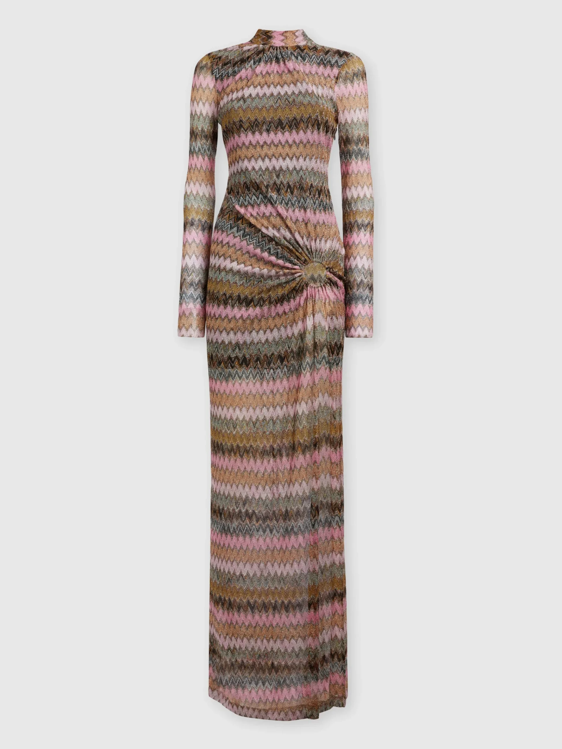 Abito lungo in viscosa chevron e lurex con dettaglio cut out
