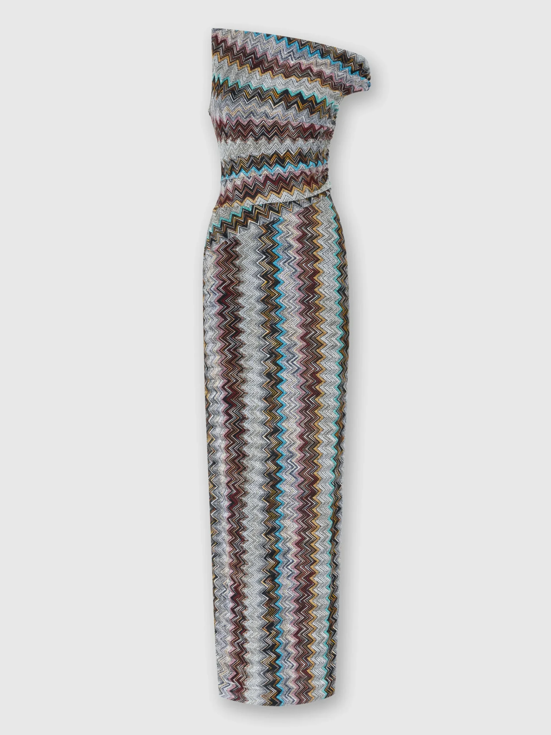 Abito lungo zig zag lamé con scollatura asimmetrica
