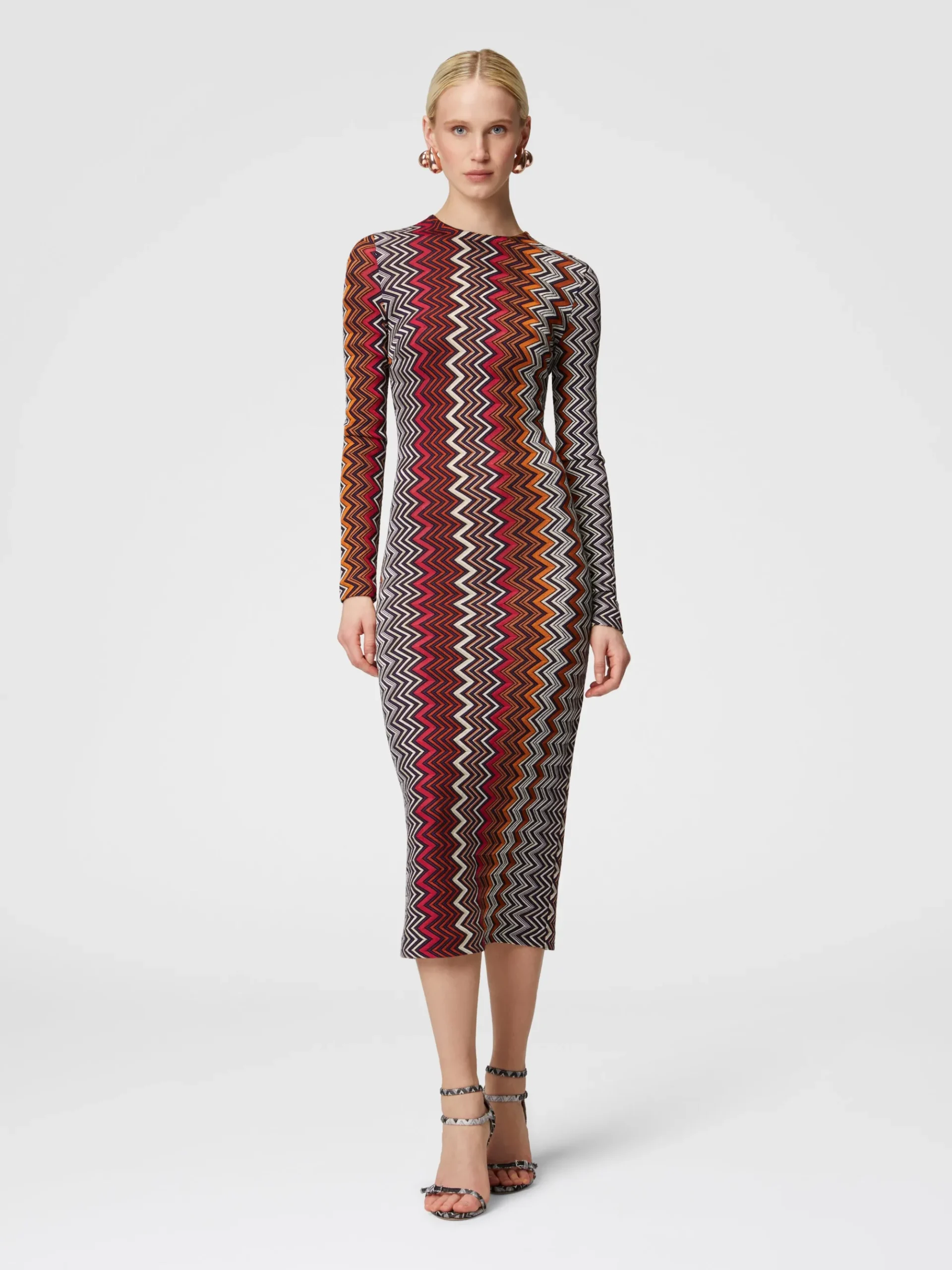 Abito midi in viscosa e lana zig zag
