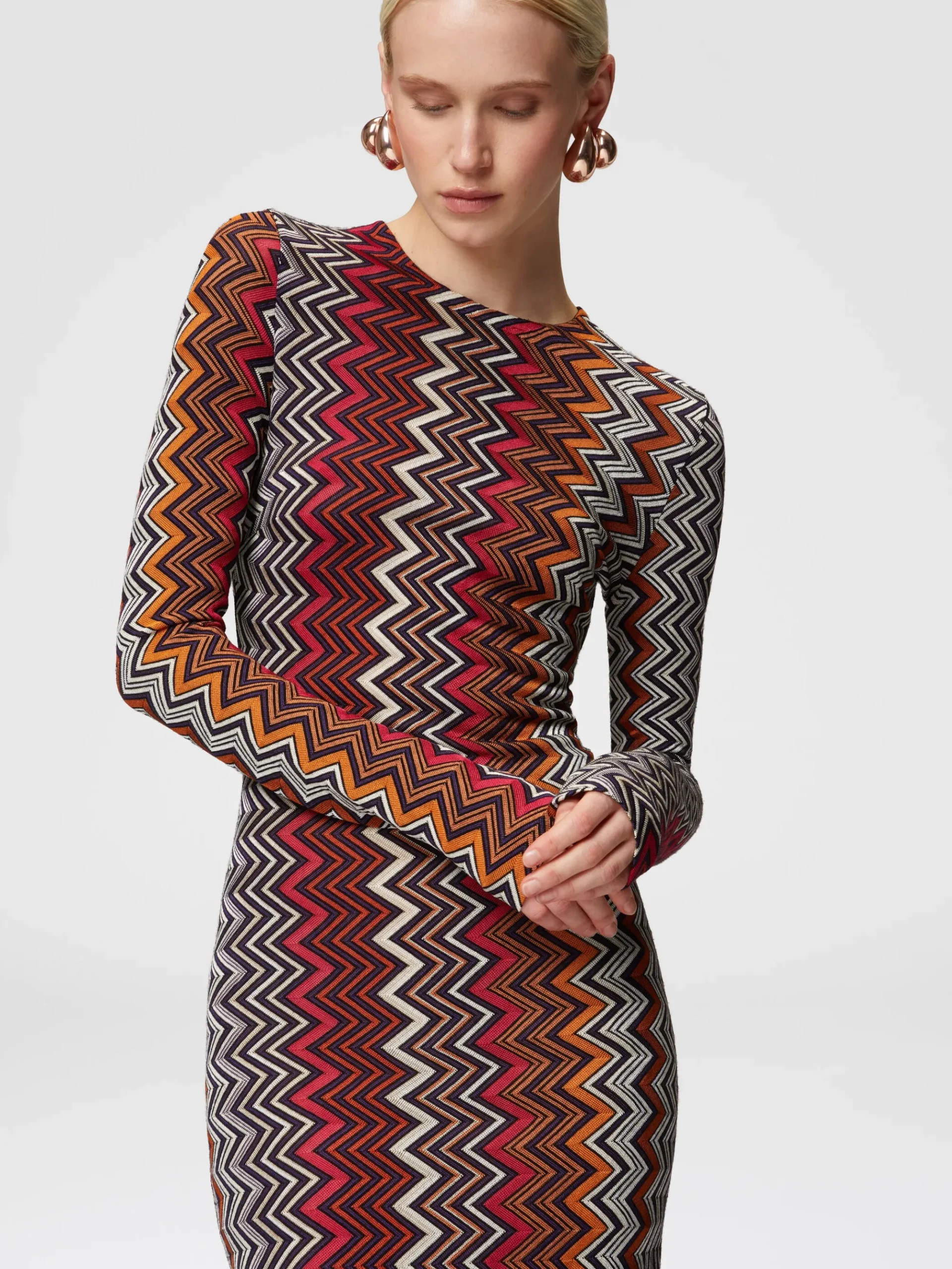Abito midi in viscosa e lana zig zag
