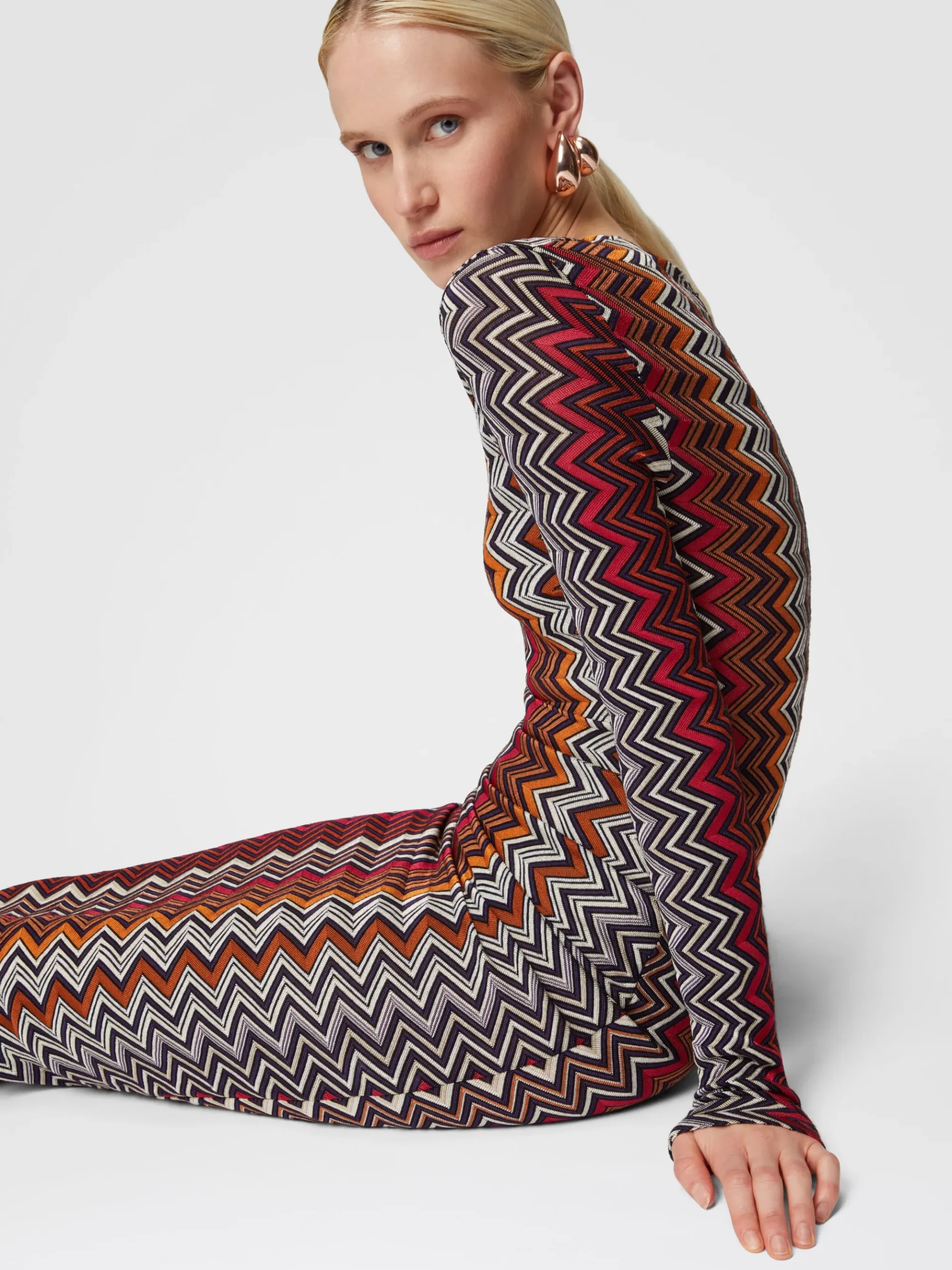 Abito midi in viscosa e lana zig zag