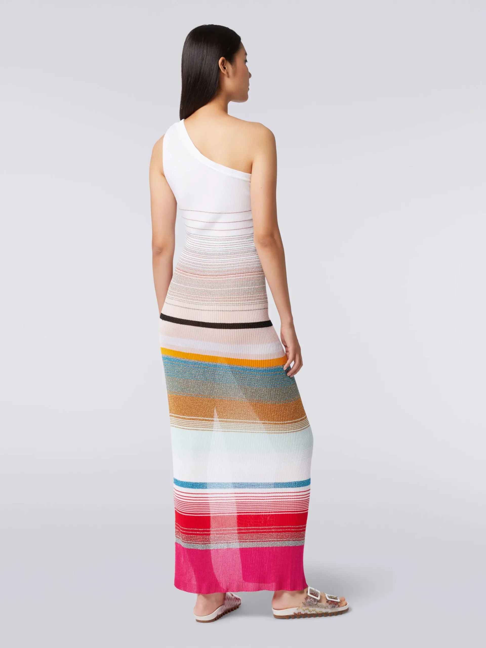 Abito monospalla in maglia a costine rigata con lurex
