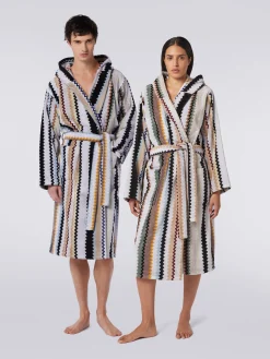 Accappatoio lungo con cappuccio Curt in spugna di cotone chevron