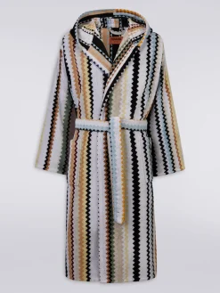 Accappatoio lungo con cappuccio Curt in spugna di cotone chevron