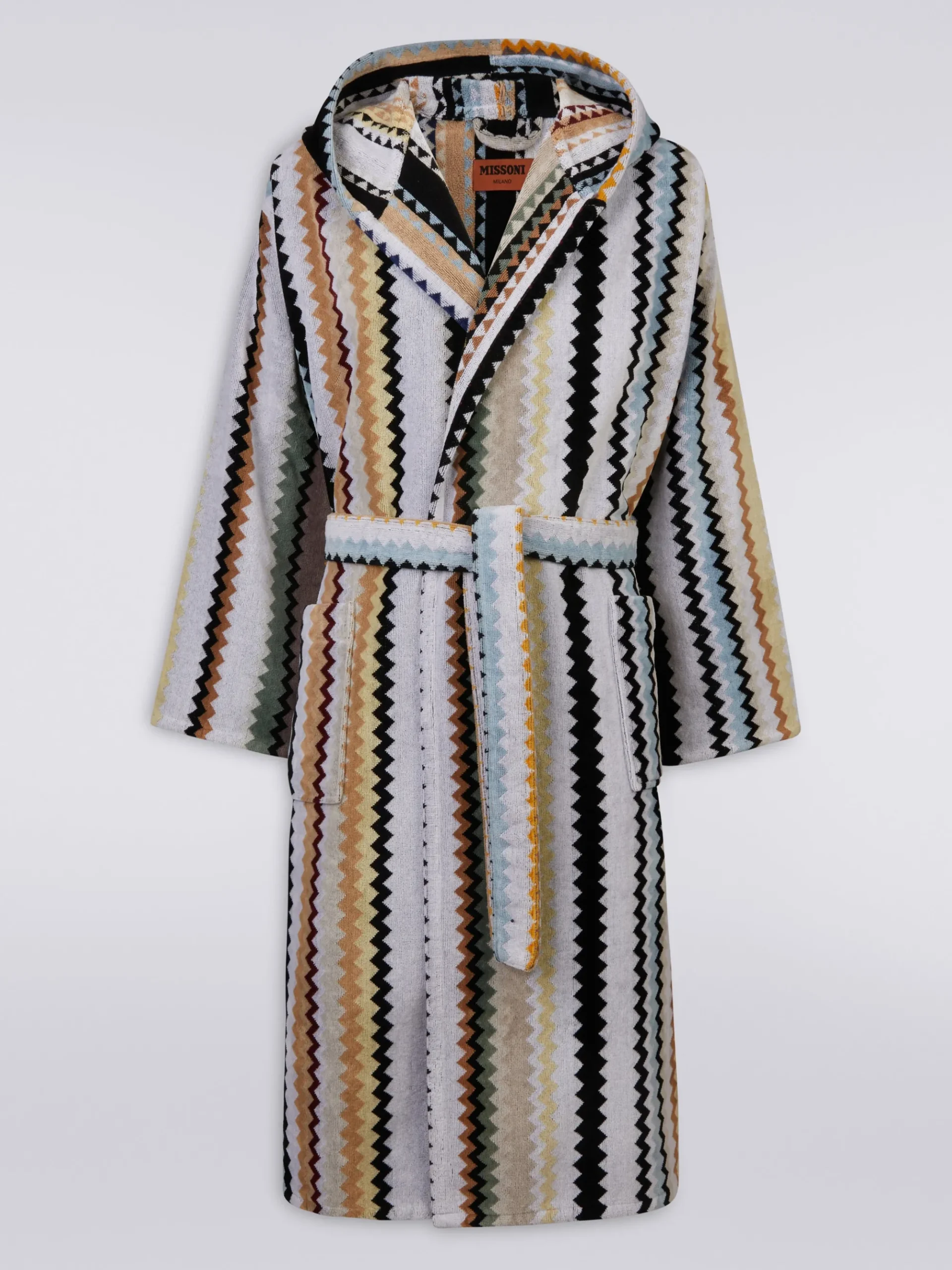 Accappatoio lungo con cappuccio Curt in spugna di cotone chevron