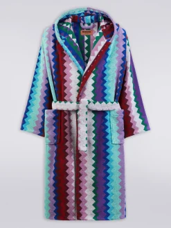 Accappatoio lungo con cappuccio Chantal in spugna di cotone chevron