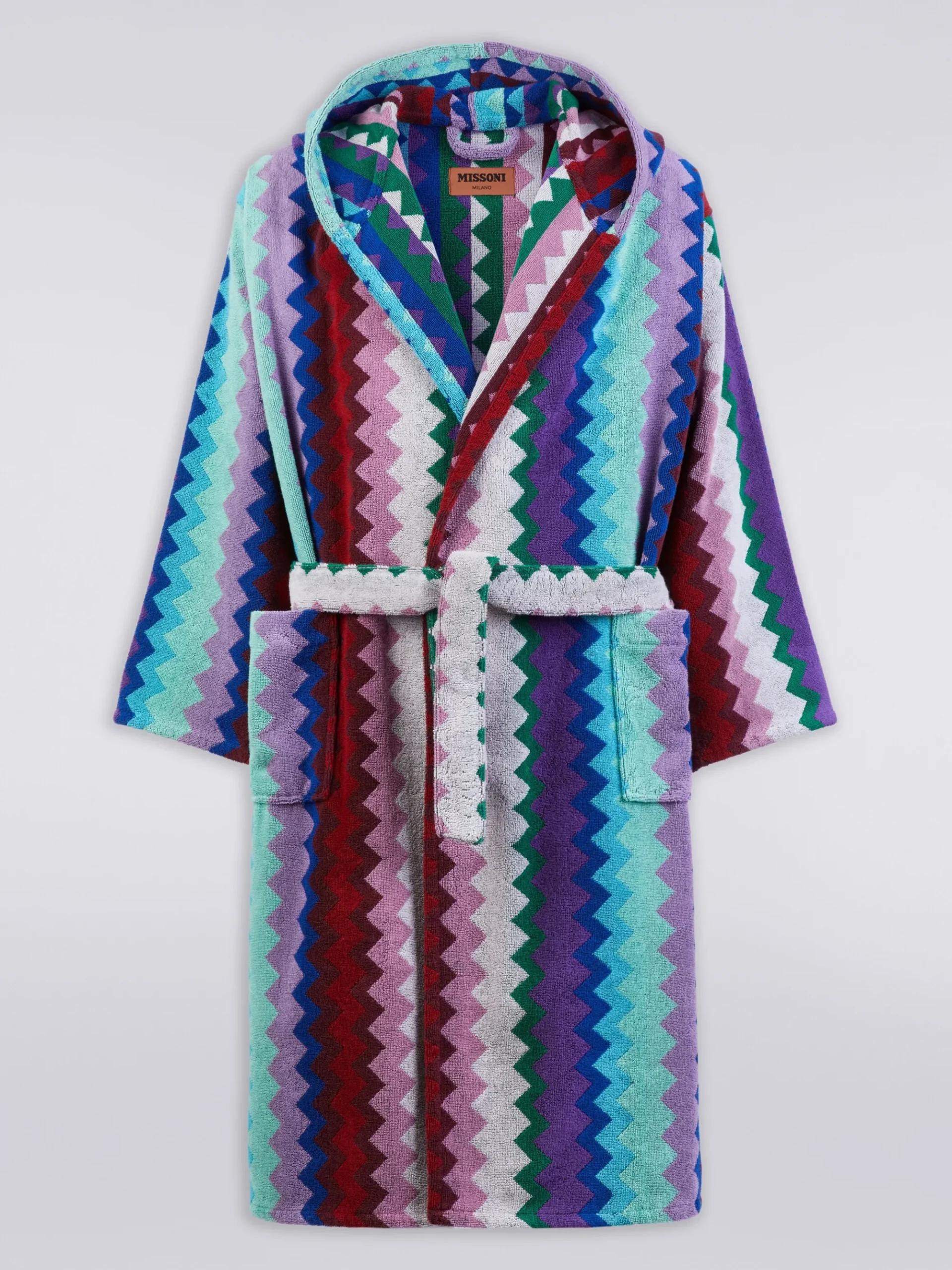 Accappatoio lungo con cappuccio Chantal in spugna di cotone chevron