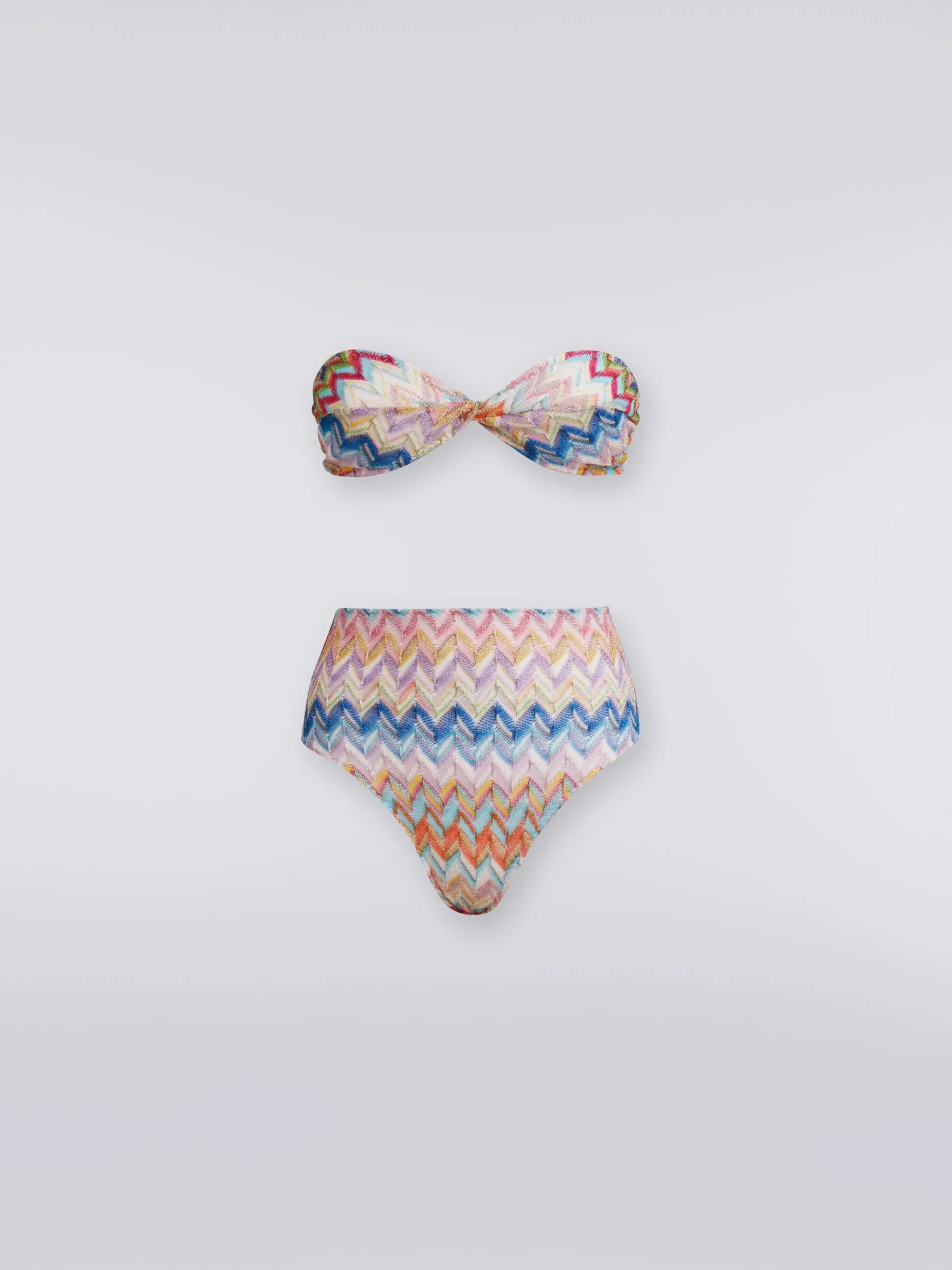 Bikini in viscosa e lurex con top torchon e slip alto