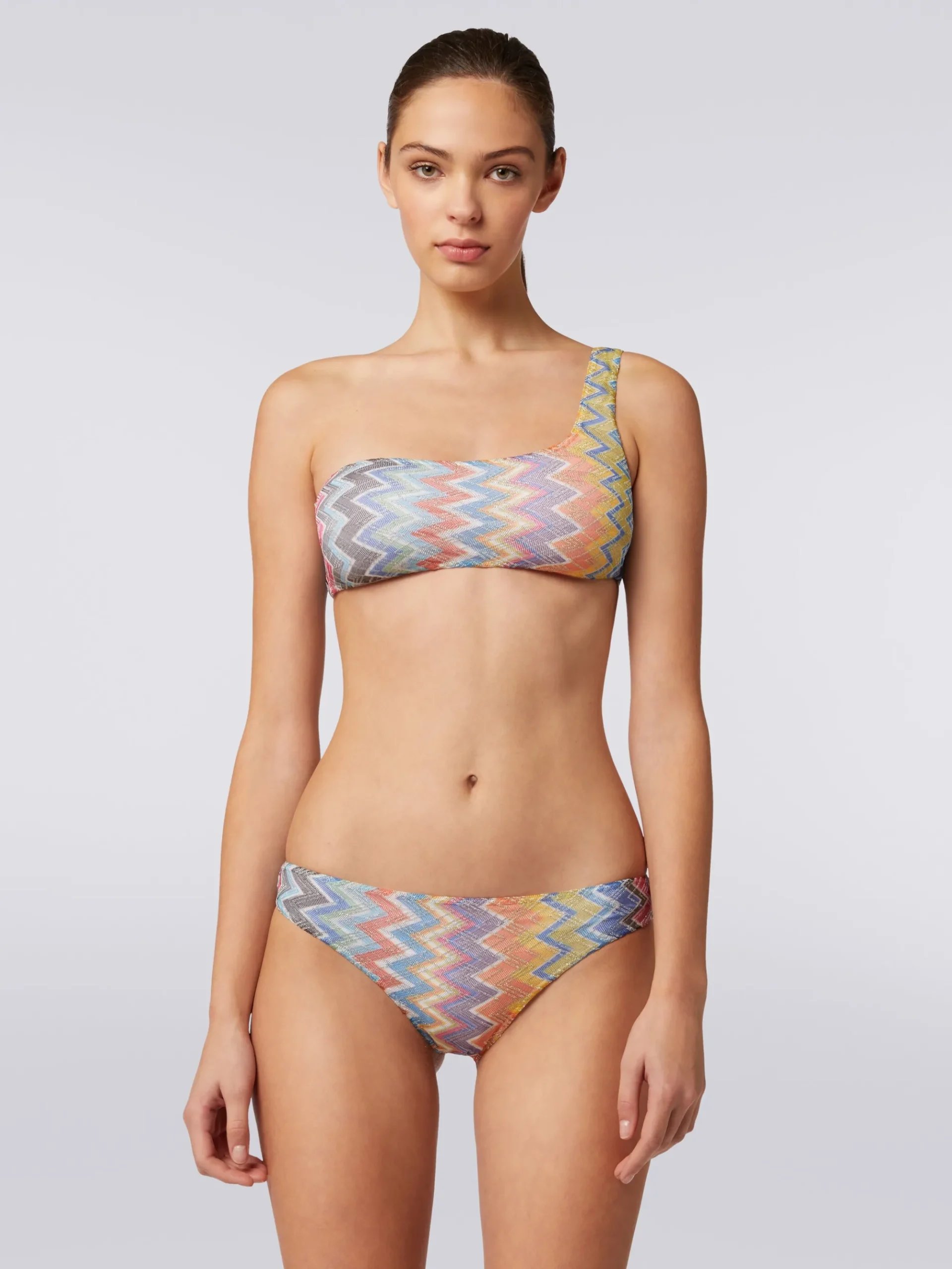 Bikini monospalla in viscosa zig zag con lurex