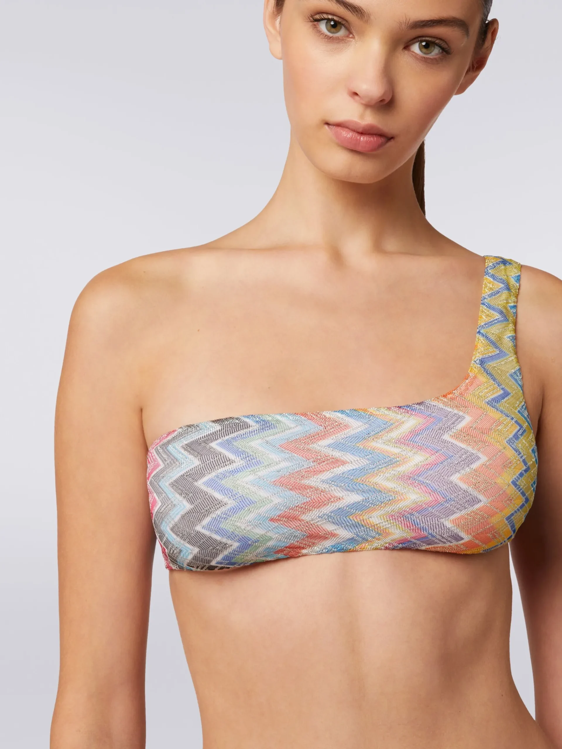 Bikini monospalla in viscosa zig zag con lurex