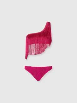 Bikini monospalla in viscosa zig zag lamé con frange