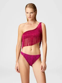 Bikini monospalla in viscosa zig zag lamé con frange