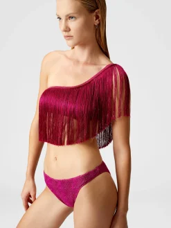 Bikini monospalla in viscosa zig zag lamé con frange