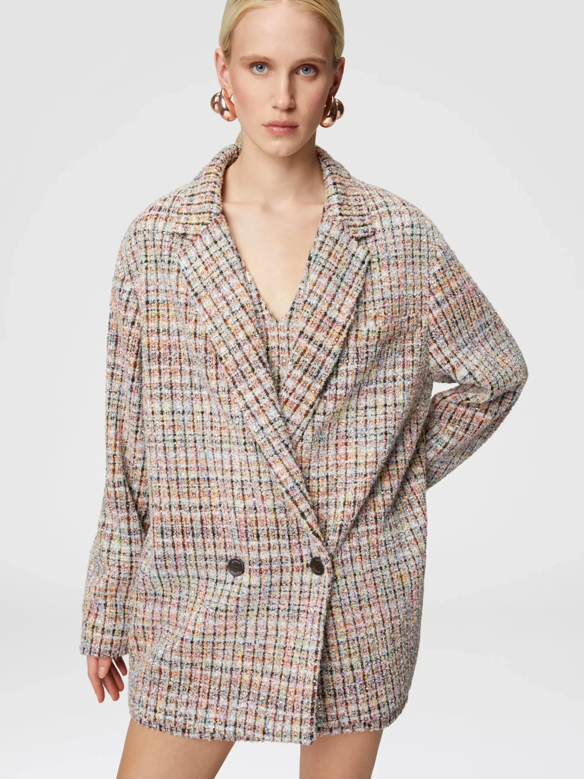 Blazer doppiopetto a quadretti bouclé con paillettes
