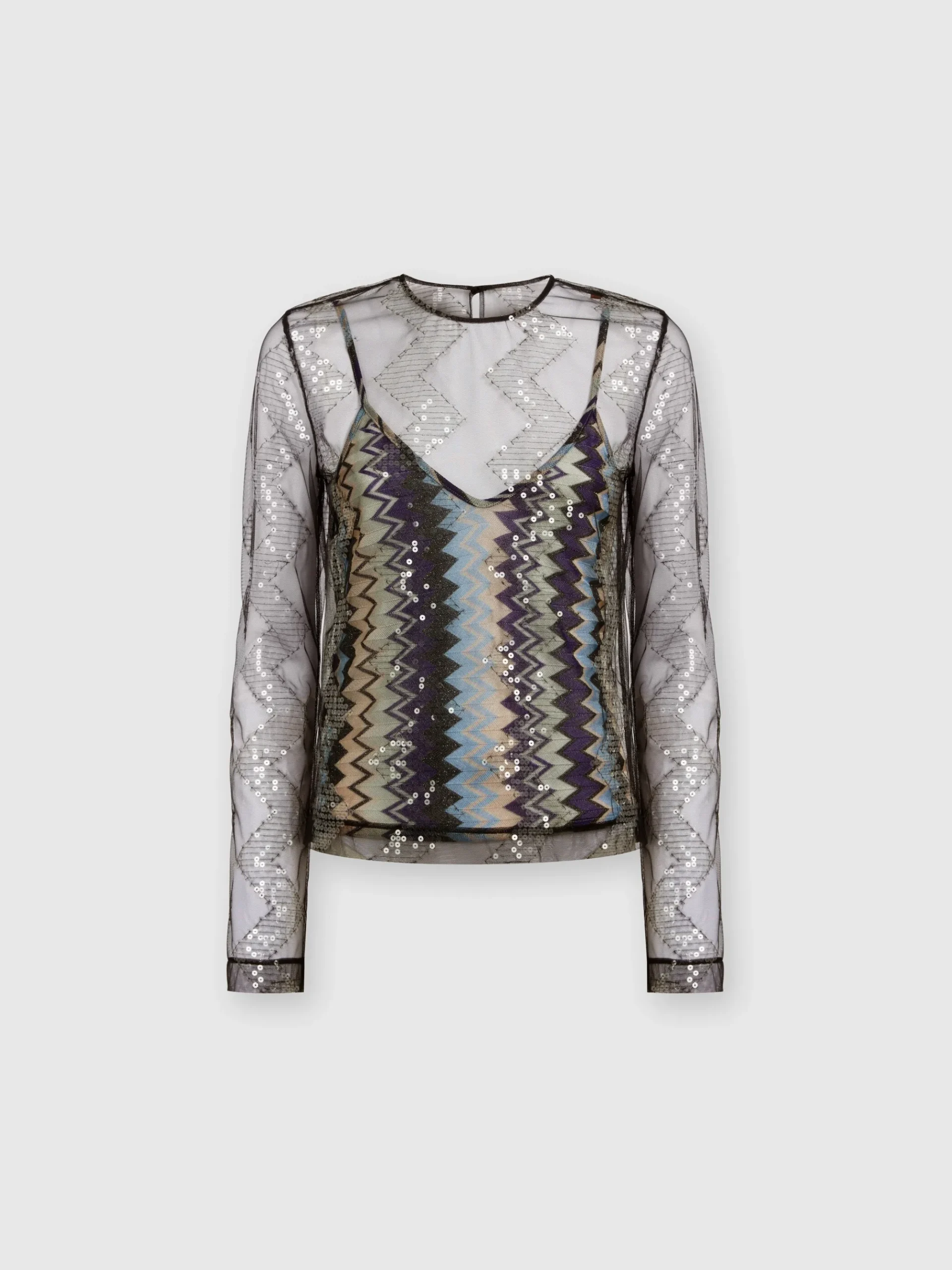 Blusa doppiata in tulle con paillettes
