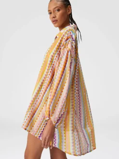 Blusa oversize in seta e cotone stampa zig zag