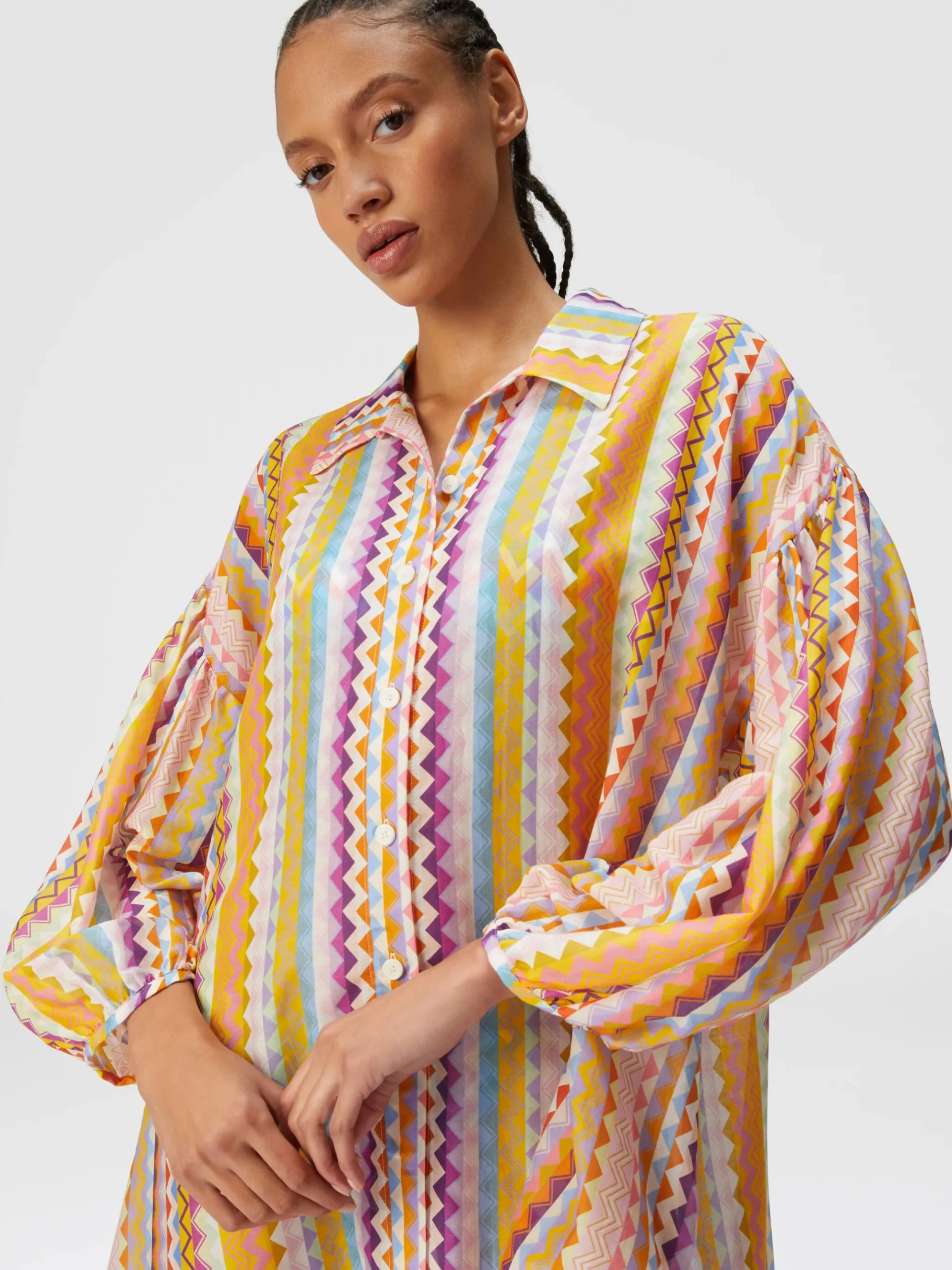 Blusa oversize in seta e cotone stampa zig zag