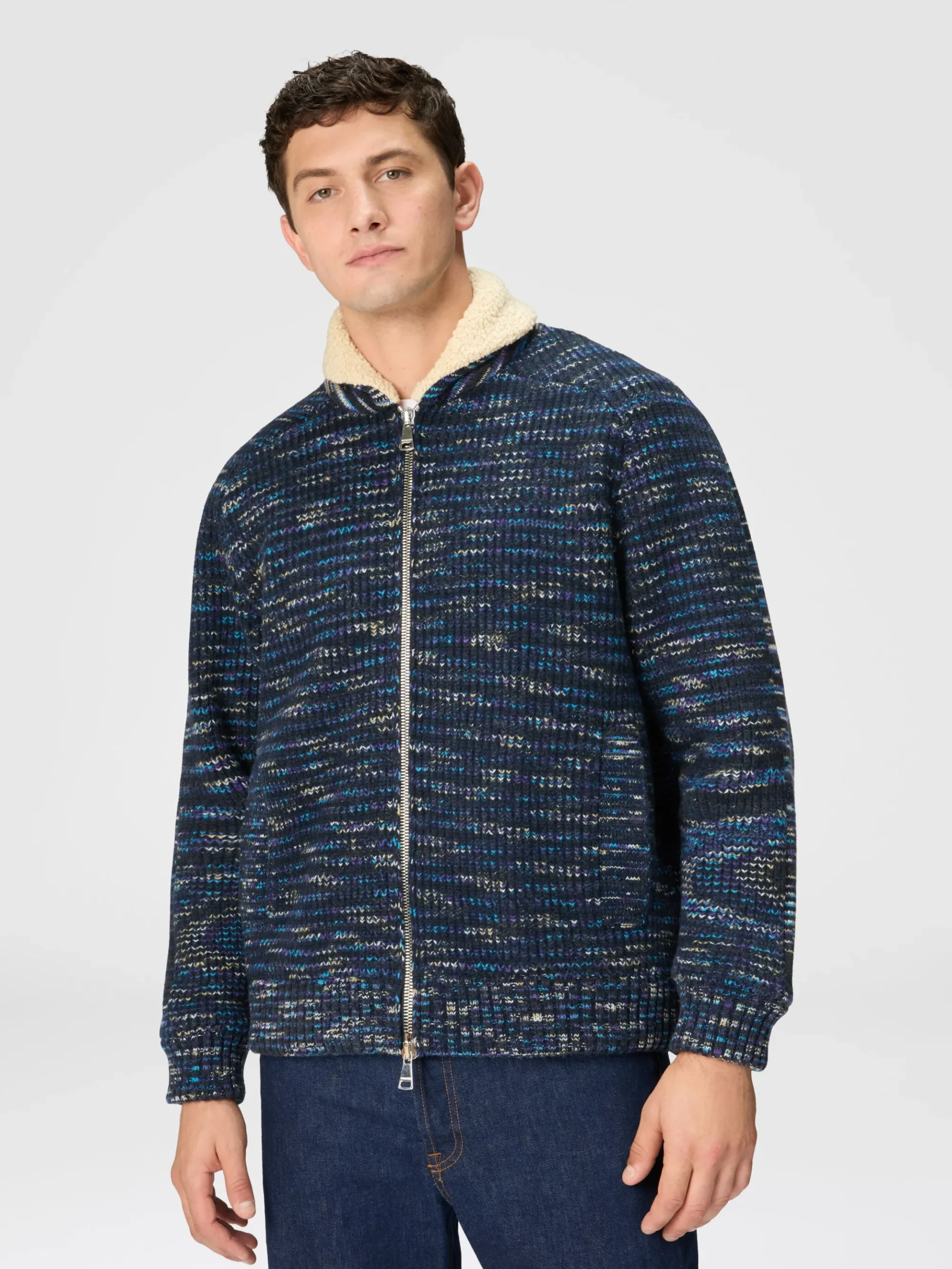 Bomber in lana fiammata con inserto orsetto
