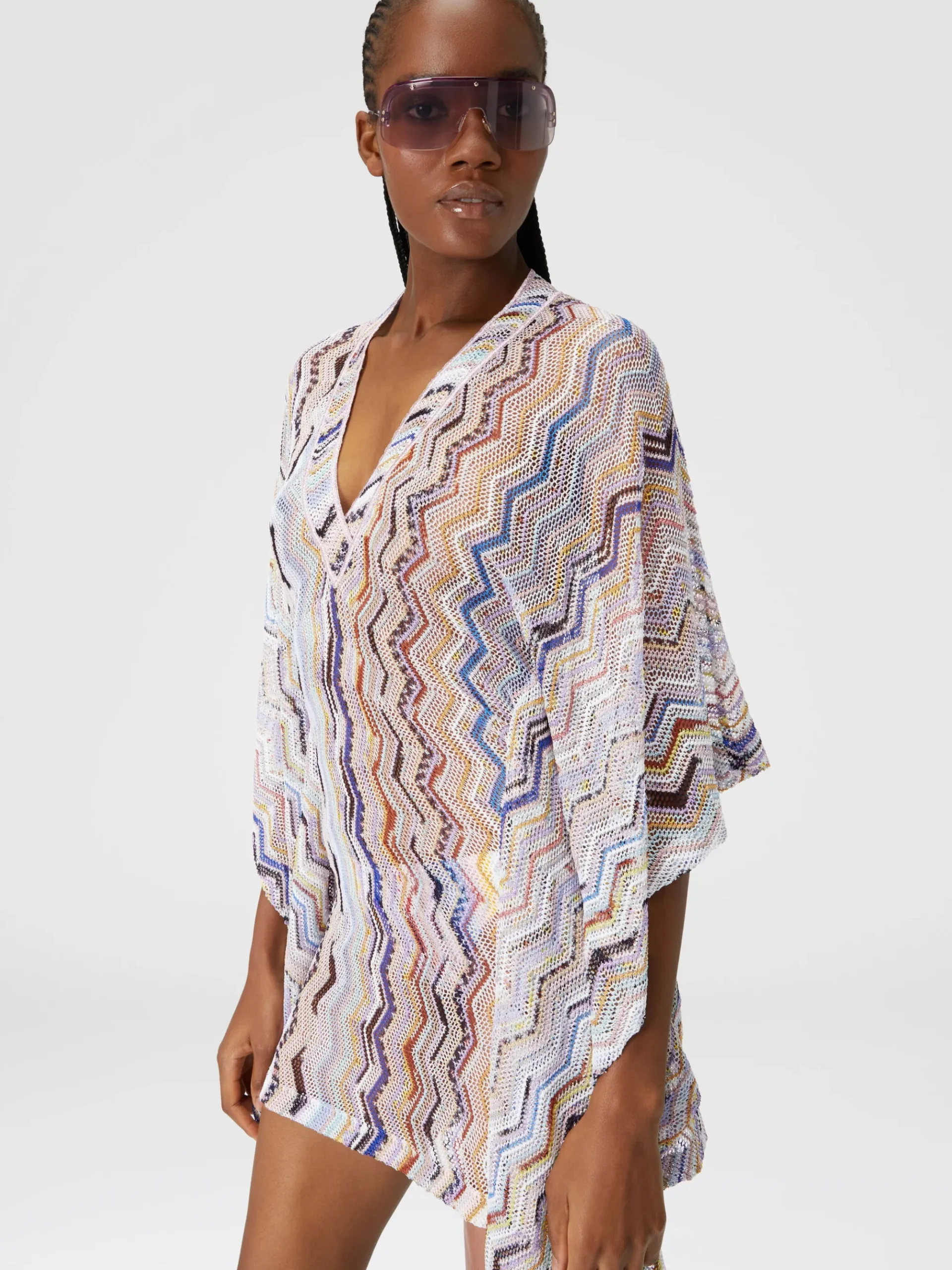 Caftano copricostume corto in crochet zig zag con lurex