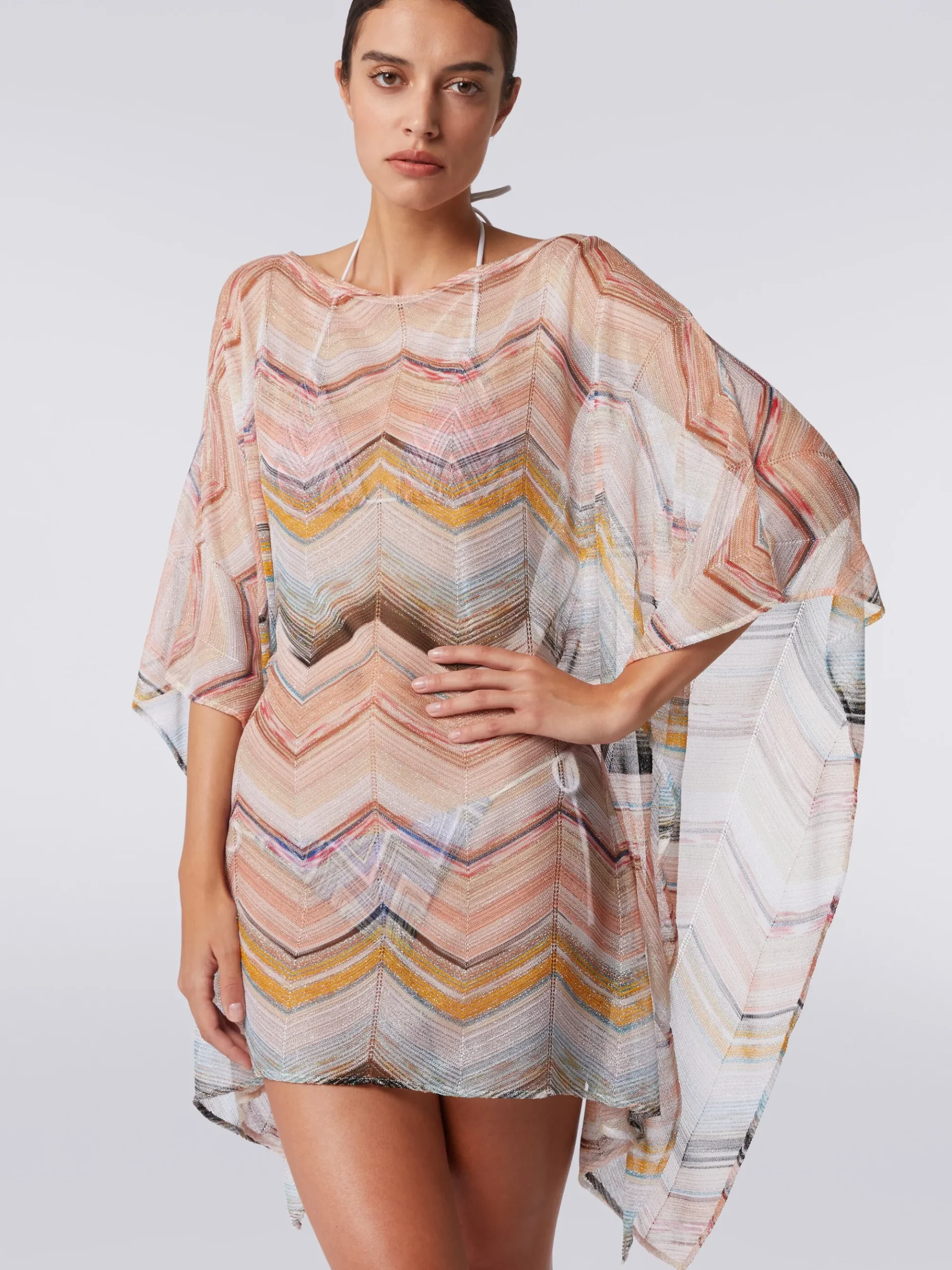 Caftano copricostume corto in misto viscosa zig zag con lurex