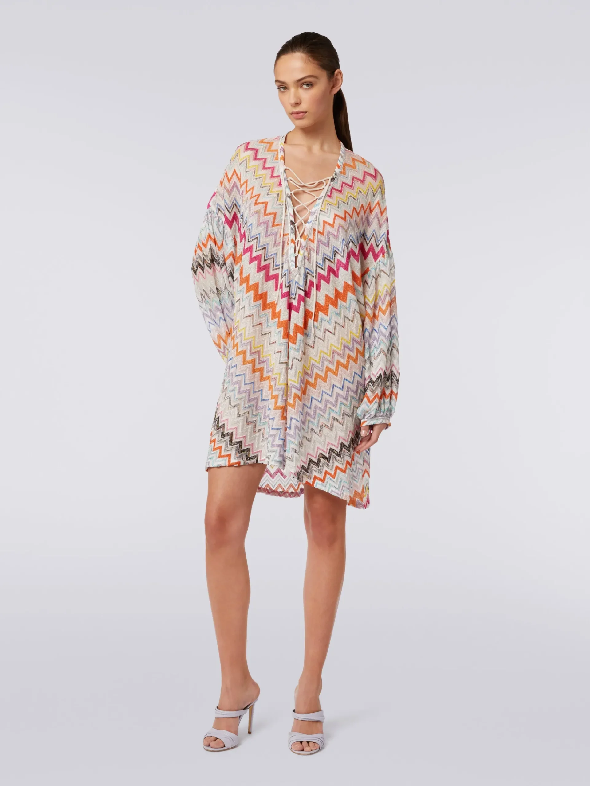 Caftano copricostume corto con motivo zig zag e lurex