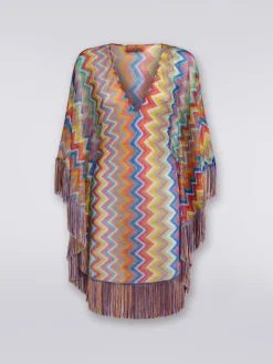 Caftano copricostume corto stampa zig zag con frange