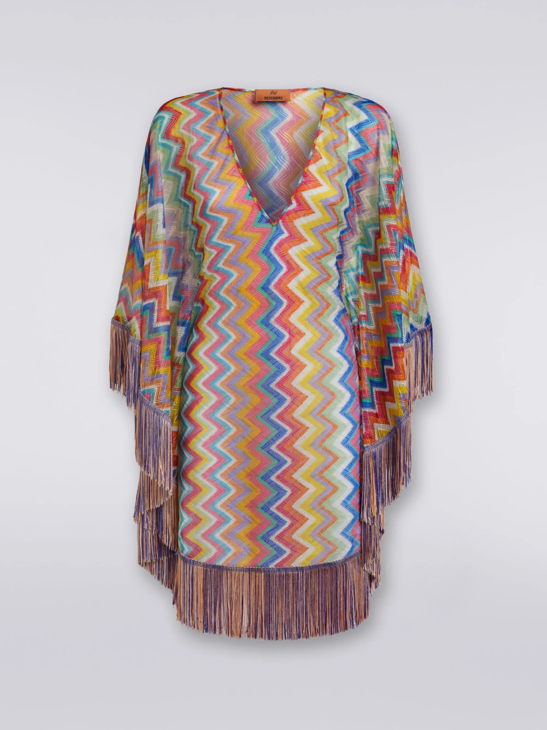 Caftano copricostume corto stampa zig zag con frange