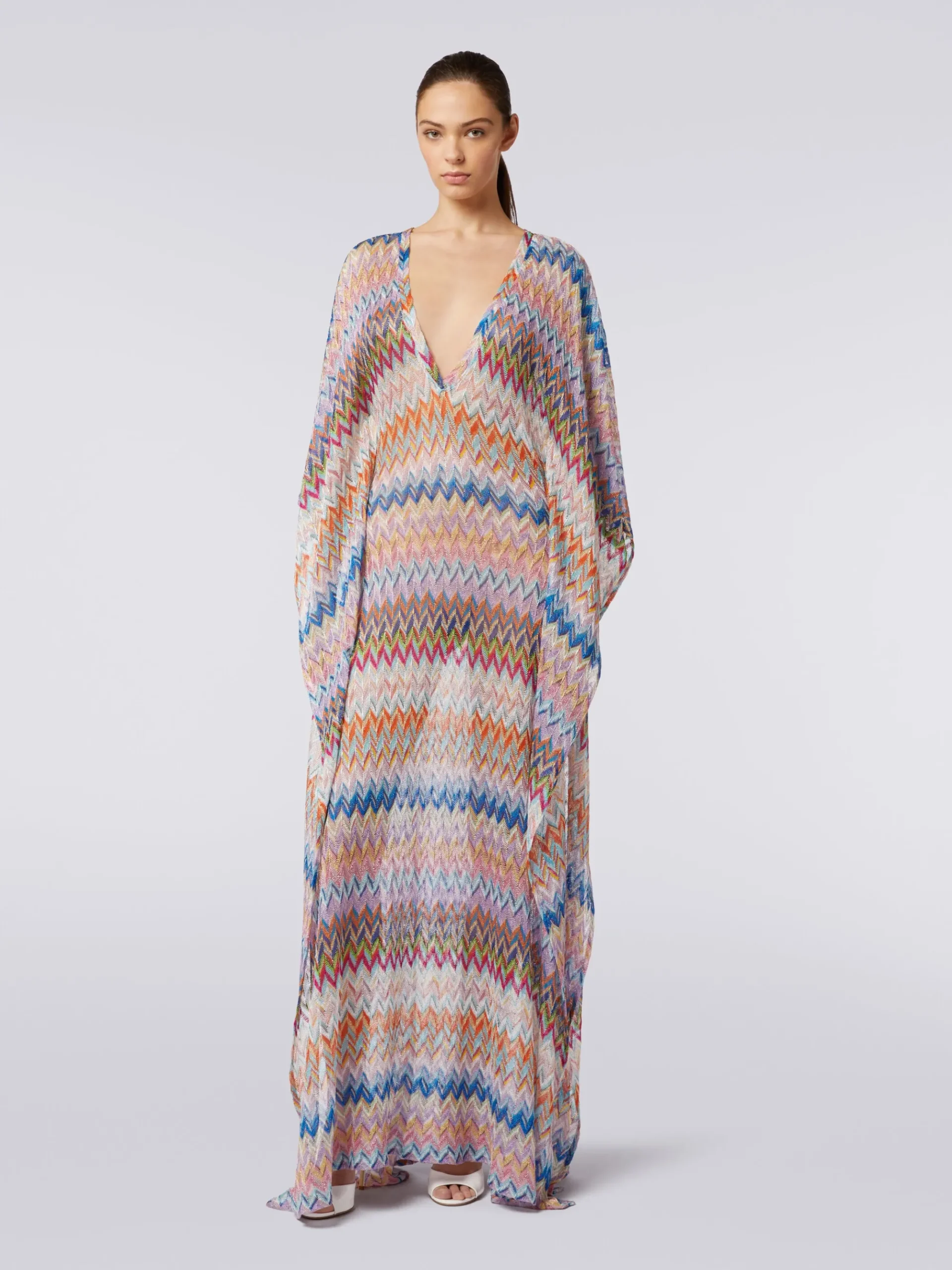 Caftano copricostume lungo con scollo a V e lurex