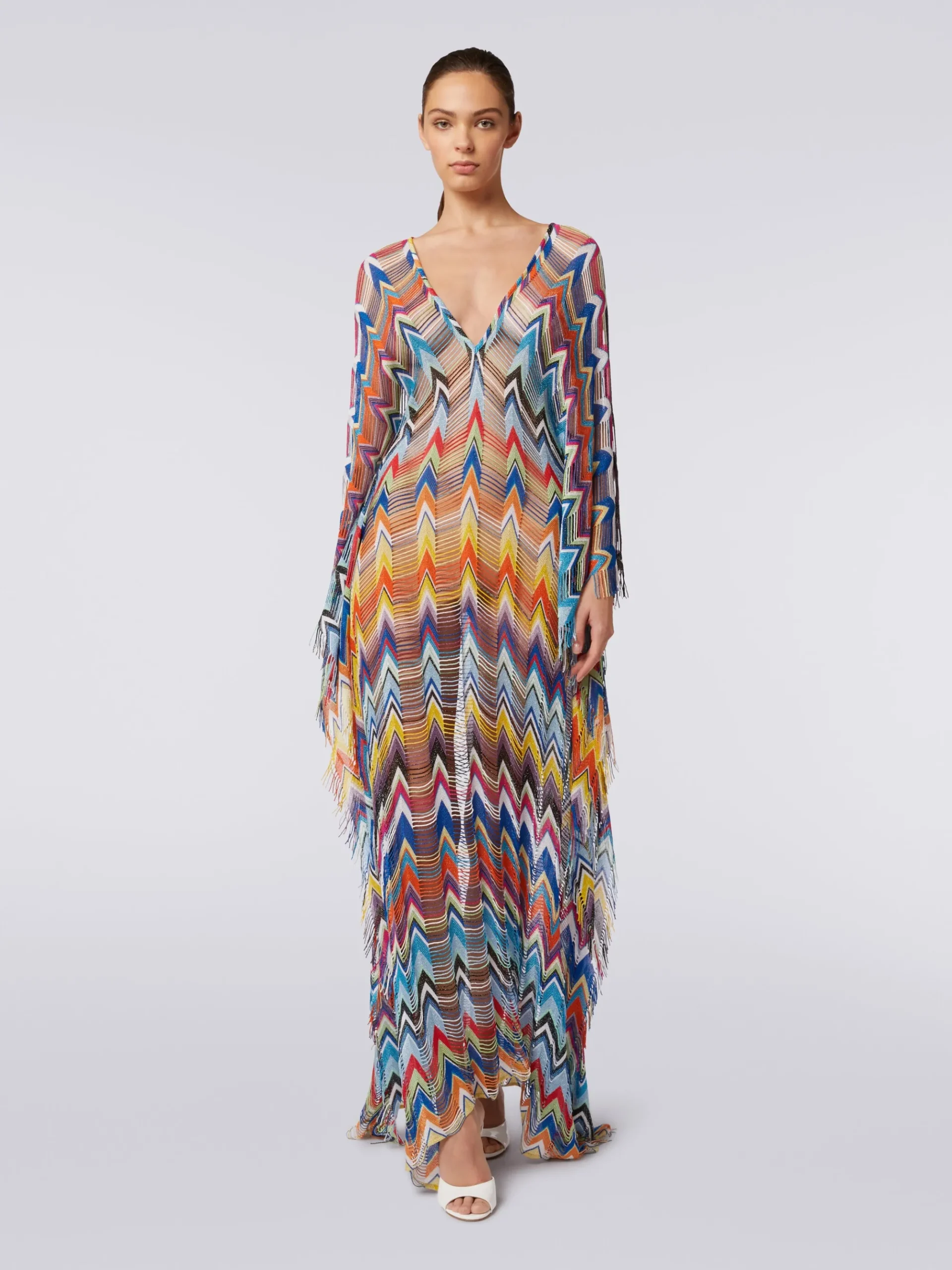 Caftano copricostume lungo con frange e lurex