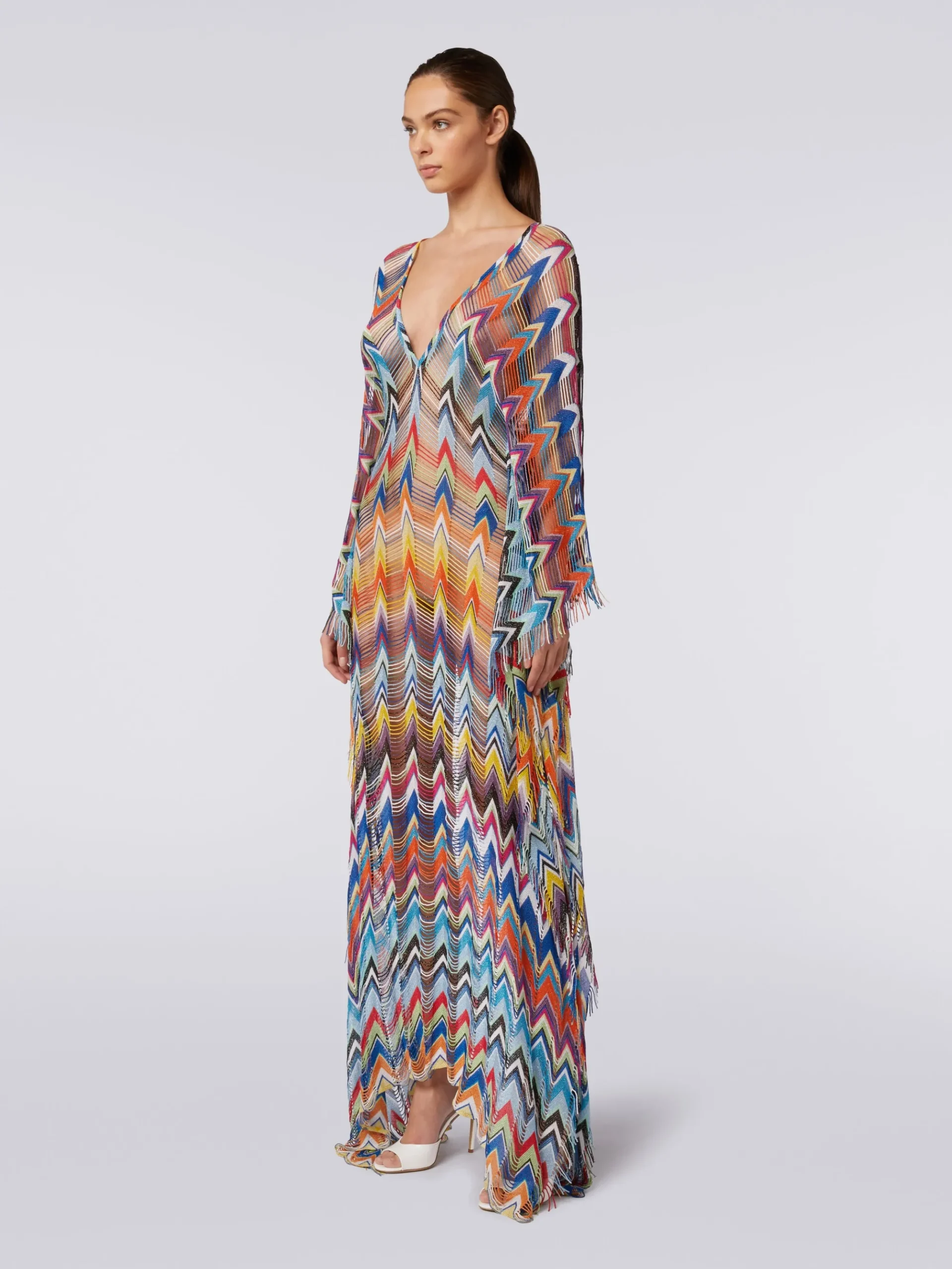 Caftano copricostume lungo con frange e lurex