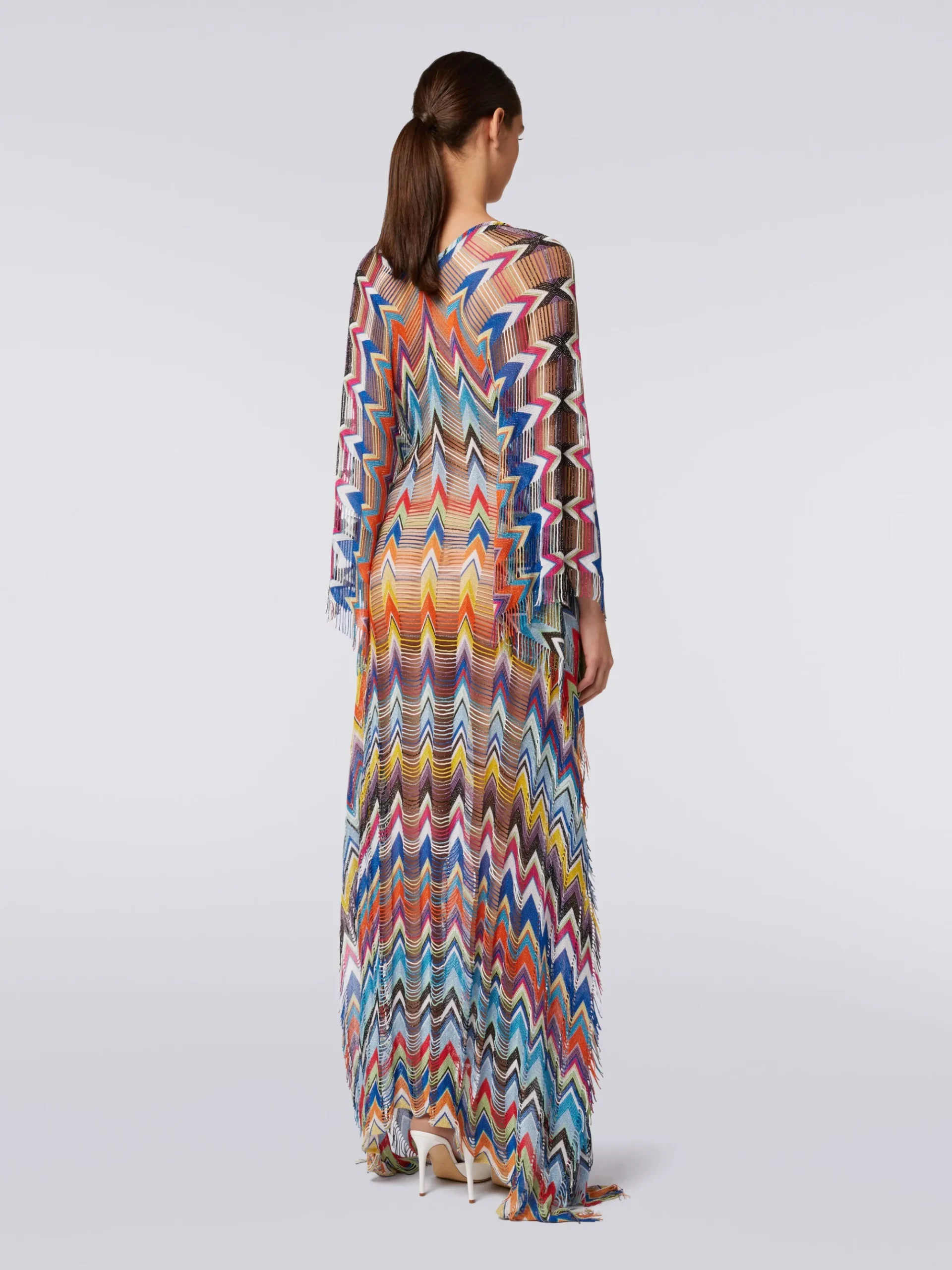 Caftano copricostume lungo con frange e lurex
