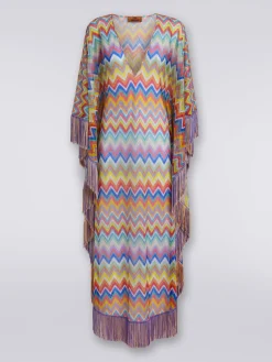 Caftano copricostume lungo stampa zig zag con frange