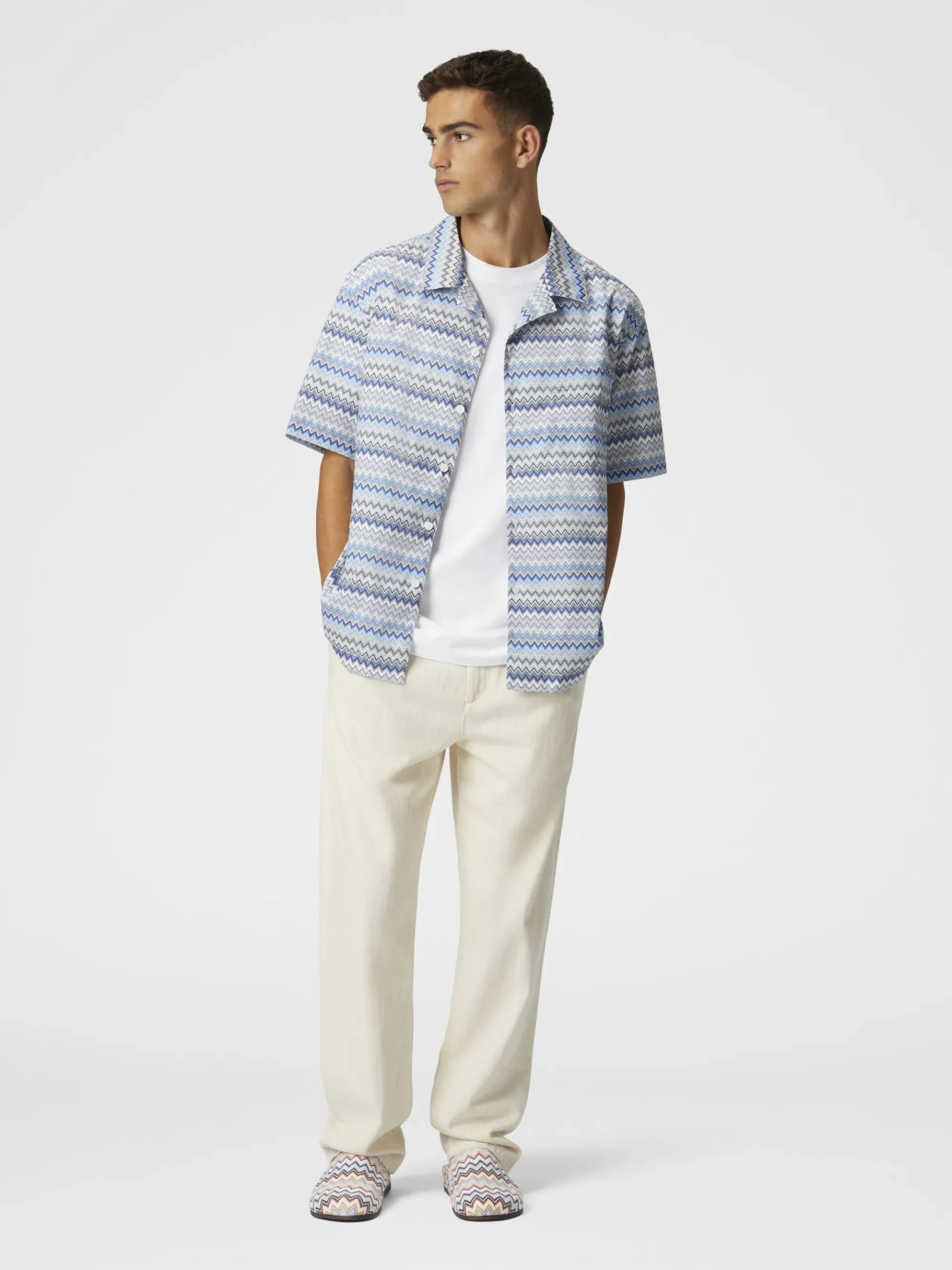 Camicia bowling in popeline di cotone zig zag con taschino