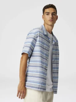 Camicia bowling in popeline di cotone zig zag con taschino