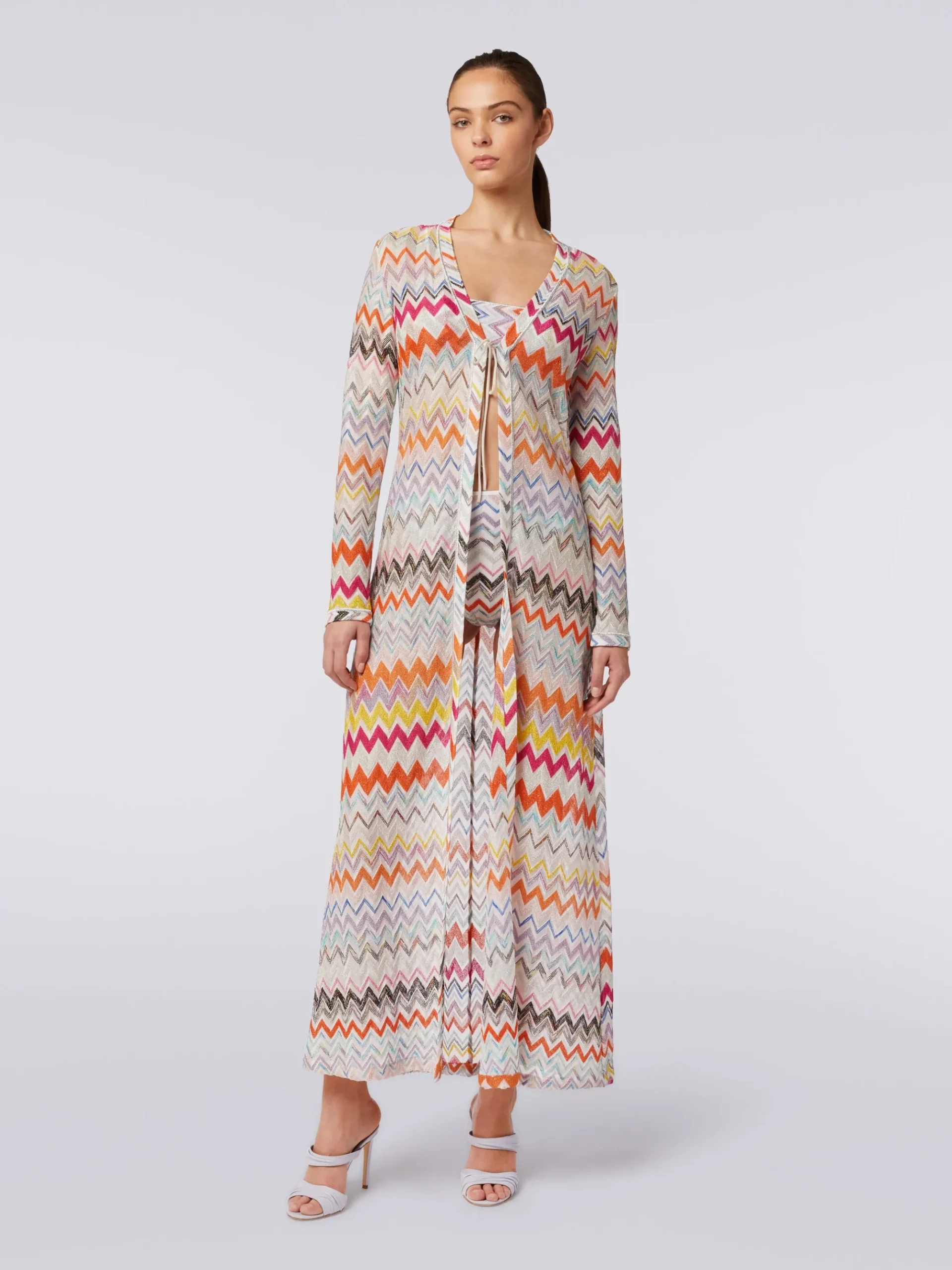 Cardigan copricostume lungo con motivo zig zag e lurex
