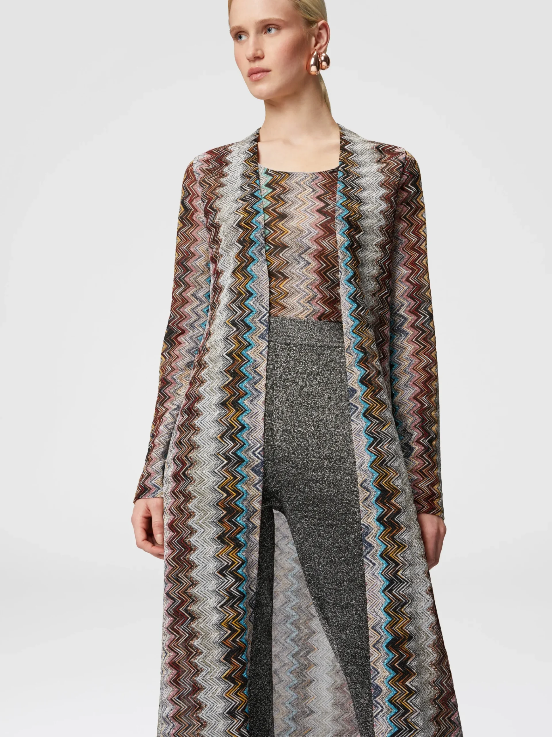Cardigan lungo in misto viscosa zig zag lamé