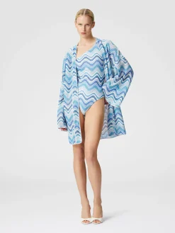 Copricostume corto a vestaglia in crochet chevron con lurex