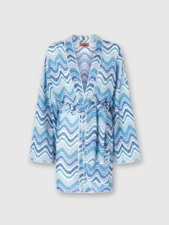 Copricostume corto a vestaglia in crochet chevron con lurex