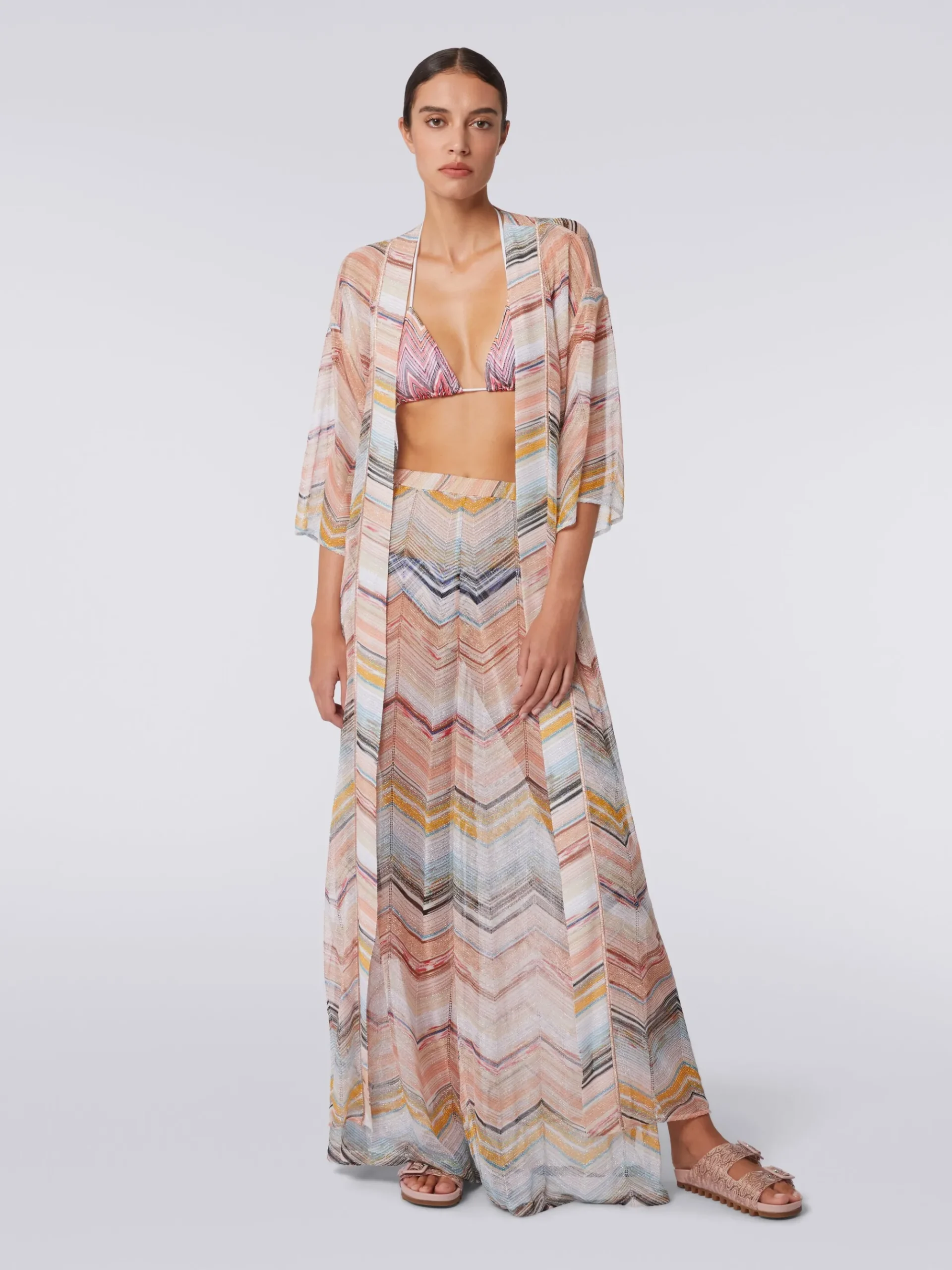 Copricostume lungo a vestaglia chevron con lurex