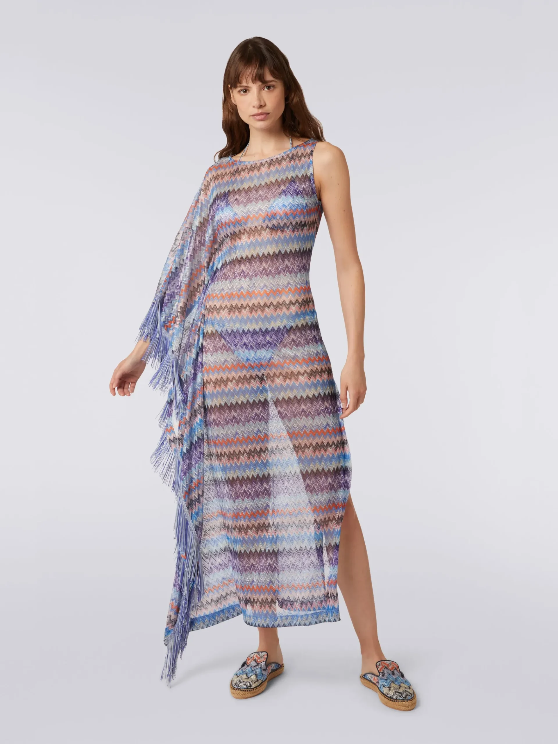 Copricostume lungo in tulle di viscosa chevron con frange