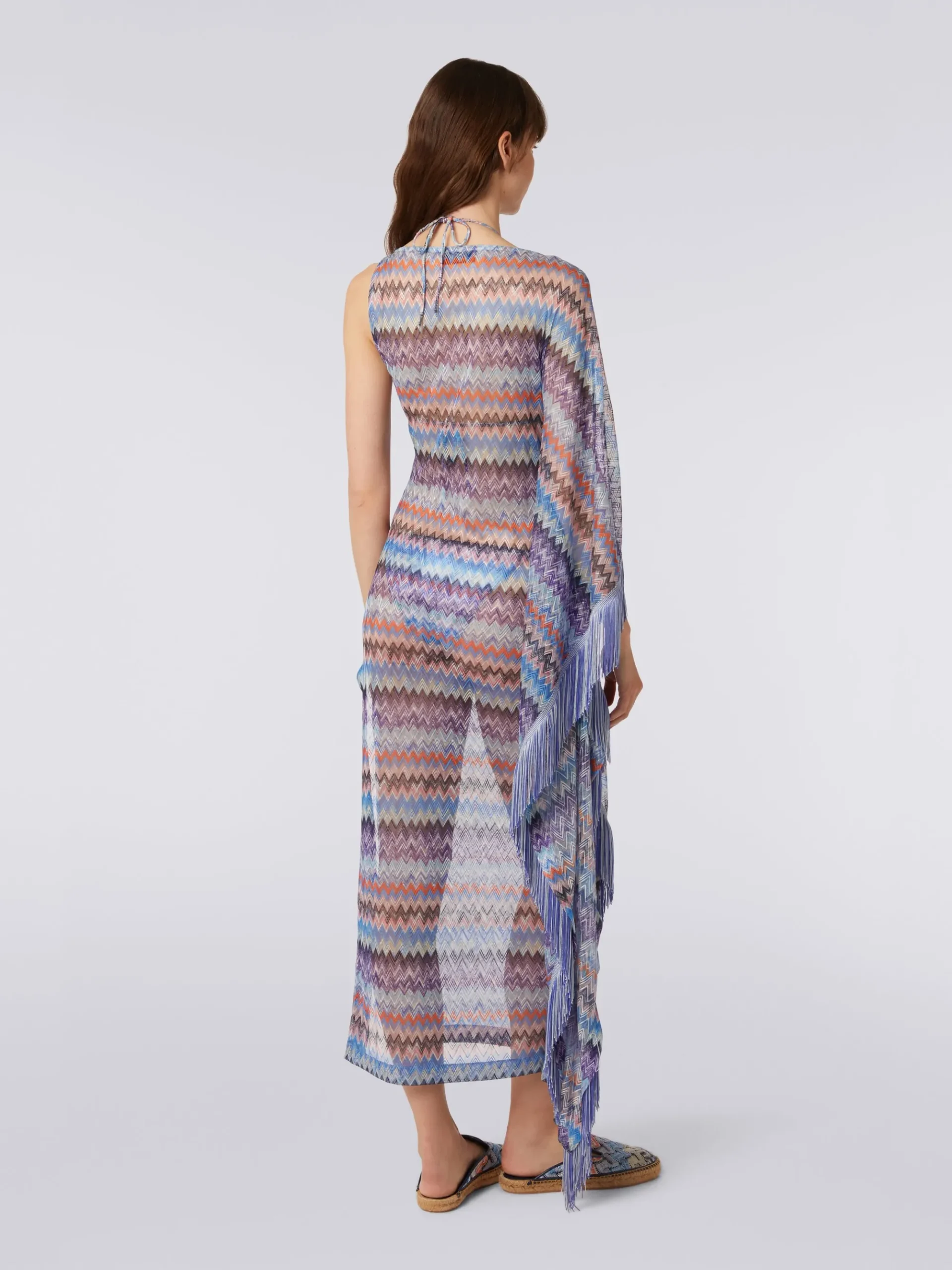 Copricostume lungo in tulle di viscosa chevron con frange