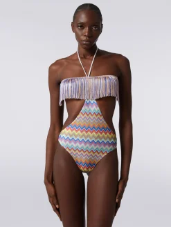 Costume intero con stampa zig zag e frange