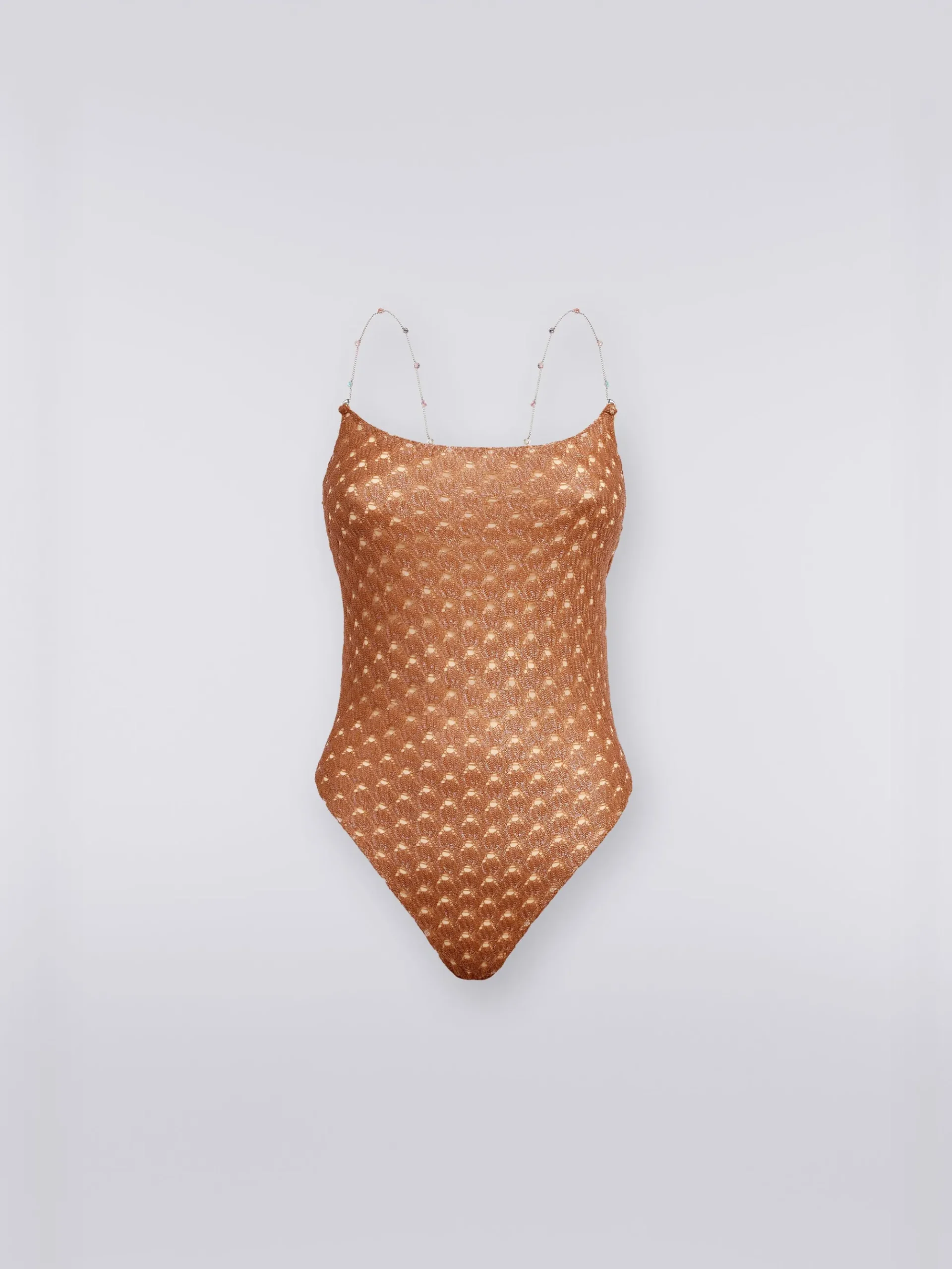 Costume intero effetto pizzo con spalline in catena e pietre