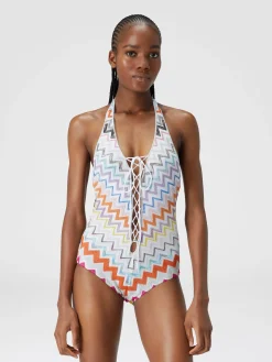 Costume intero in viscosa zig zag con lurex