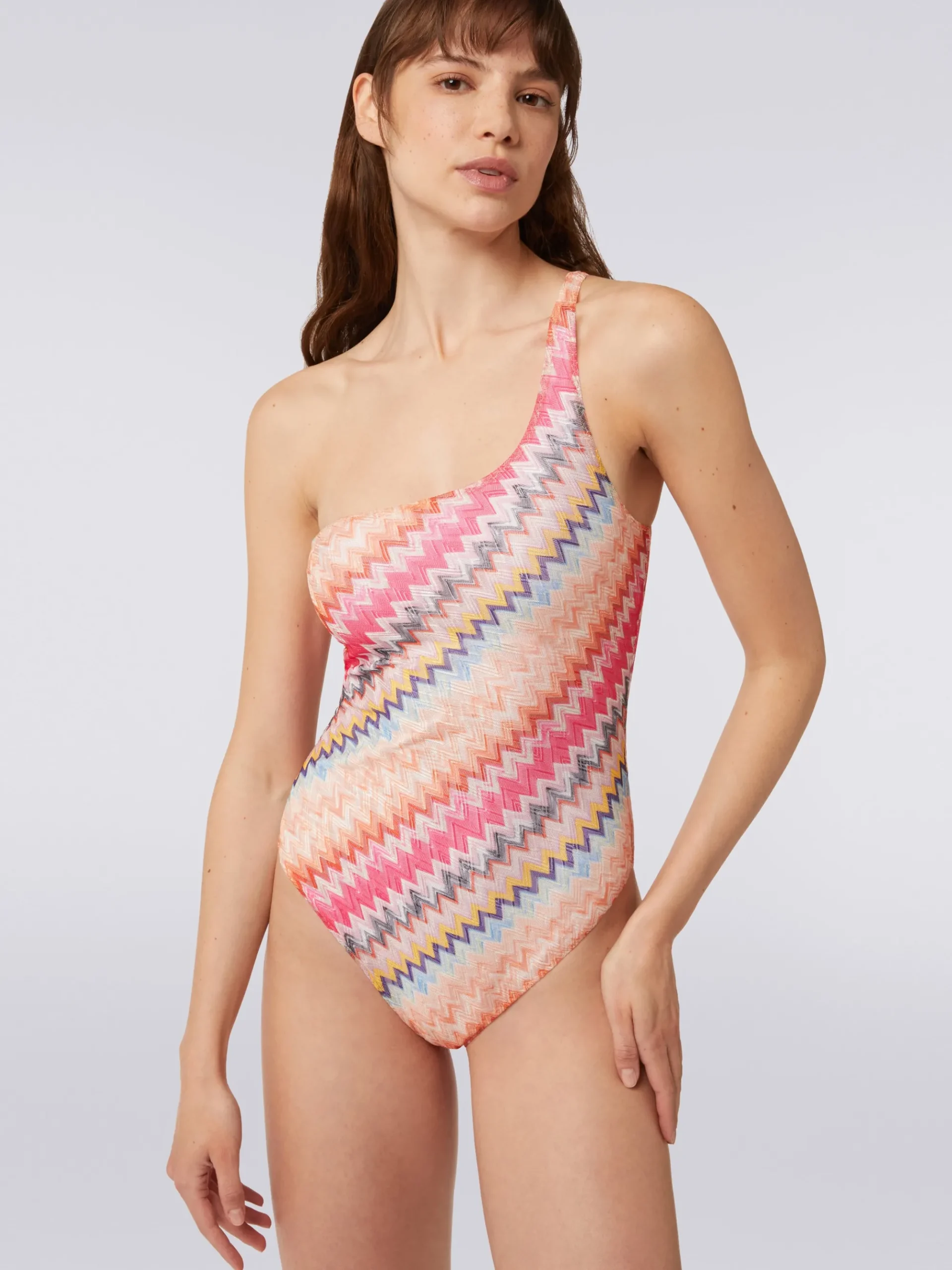 Costume intero monospalla in viscosa chevron