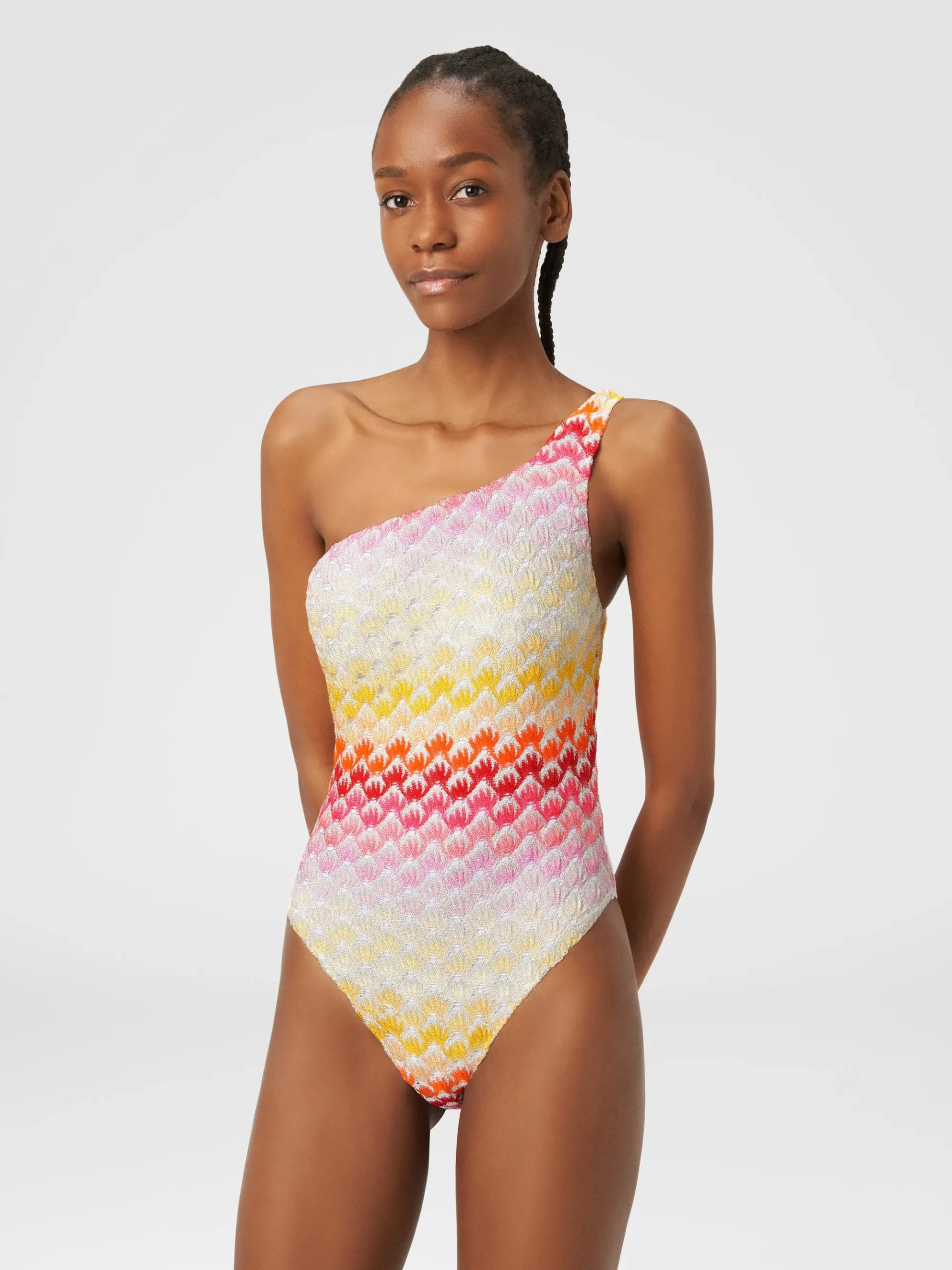 Costume intero monospalla effetto pizzo con lurex