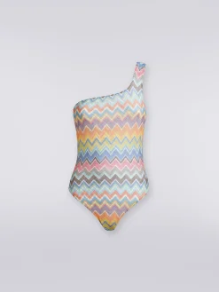 Costume intero monospalla con stampa zig zag e lurex