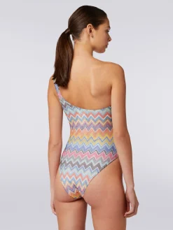 Costume intero monospalla con stampa zig zag e lurex